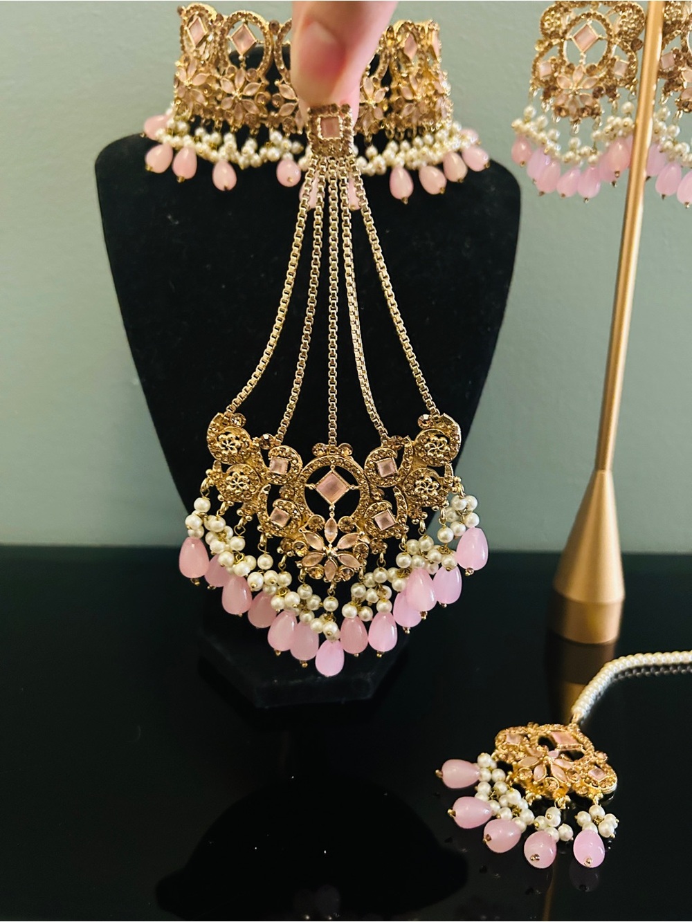 Gold-Plated Pink Stone Choker & Earring Set - Picture 4 of 5